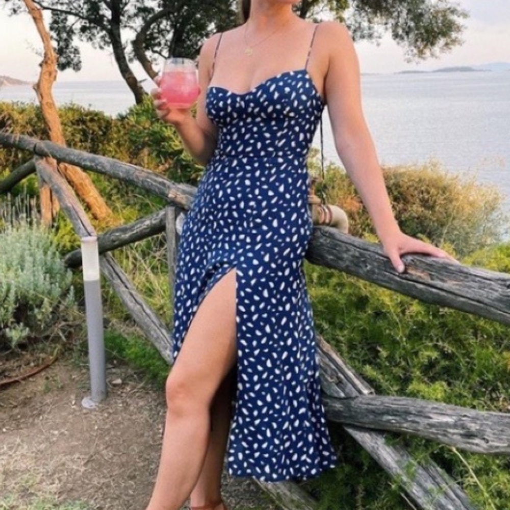 Reformation Juliette Midi Dress in Moray Print Blue with White Dots Size 6